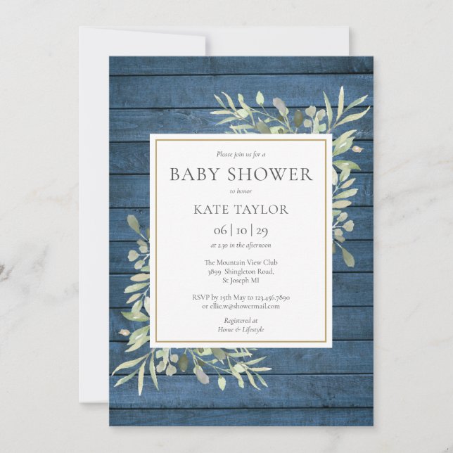 Blue Rustic Wood Greenery Baby Shower Invitation (Front)