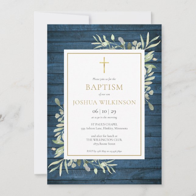 Blue Rustic Wood Greenery Baptism Christening Invitation (Front)