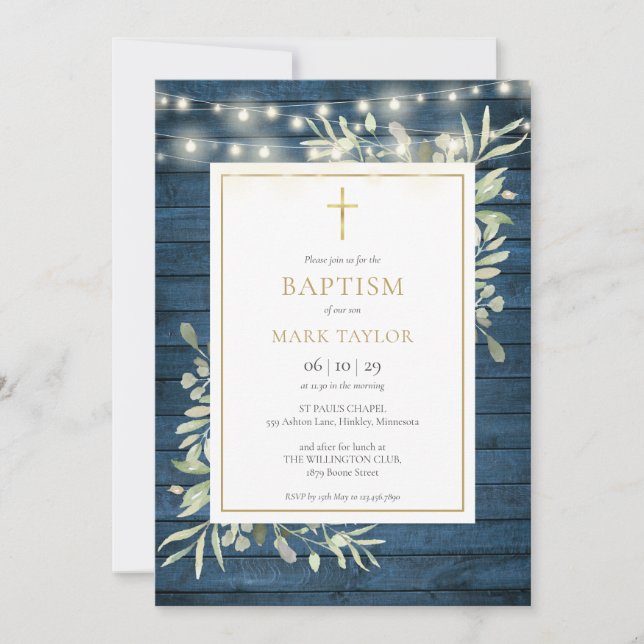 Blue Rustic Wood Greenery Baptism Christening Invitation (Front)
