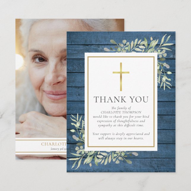 Blue Rustic Wood Greenery Christian Photo Funeral Thank You Card (Front/Back)