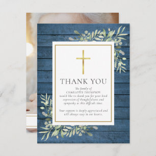 Blue Rustic Wood Greenery Christian Photo Funeral Thank You Card