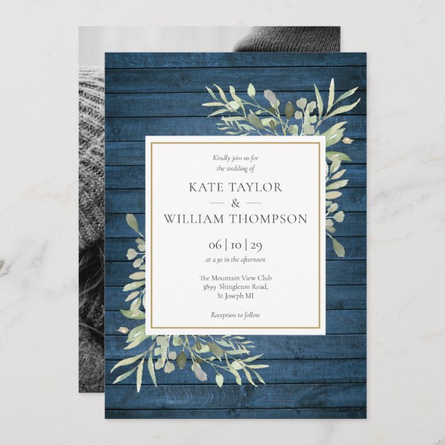 Blue Rustic Wood Greenery Country Wedding Photo Invitation (Front/Back)