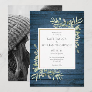 Blue Rustic Wood Greenery Country Wedding Photo Invitation