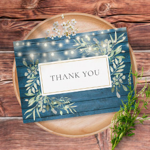 Blue Rustic Wood Greenery String Lights Thank You Card