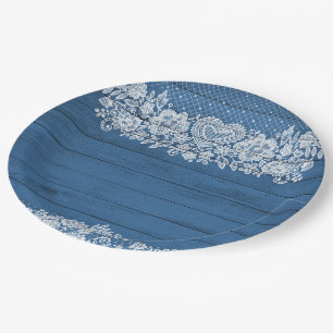 Blue Rustic Wood Lace Farmhouse Barn Chic Party Paper Plate