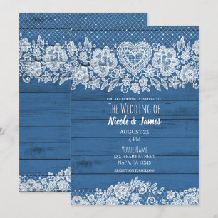 Blue Rustic Wood Lace Farmhouse Barn Wedding Invitation