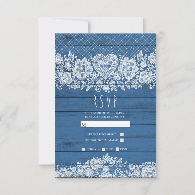 Blue Rustic Wood Lace Farmhouse Barn Wedding RSVP (Front)