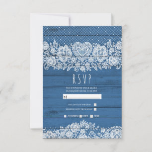 Blue Rustic Wood Lace Farmhouse Barn Wedding RSVP