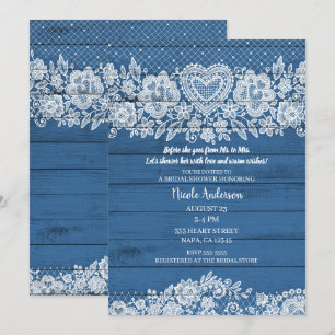 Blue Rustic Wood Lace Farmhouse Bridal Shower Invitation