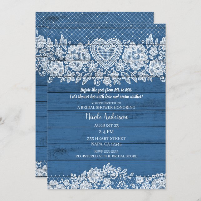 Blue Rustic Wood Lace Farmhouse Bridal Shower Invitation (Front/Back)