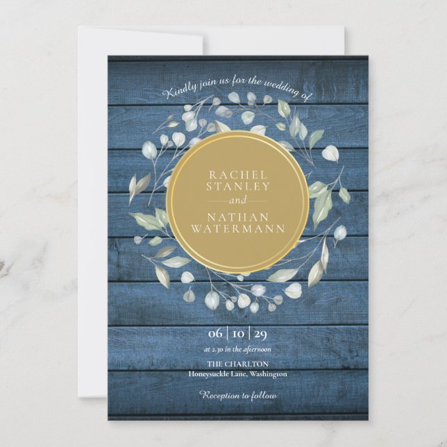 Blue Rustic Wood Laurel Garland Gold Wedding Invitation (Front)