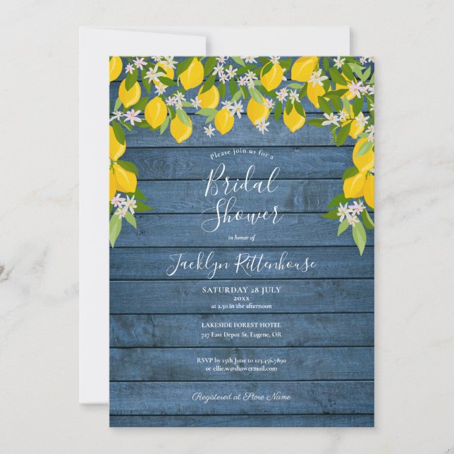 Blue Rustic Wood Lemon Greenery Bridal Shower Invitation (Front)