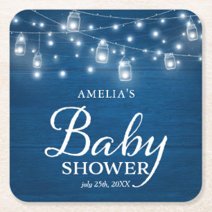 Blue Rustic Wood Mason Jars Lights Baby Shower Square Paper Coaster