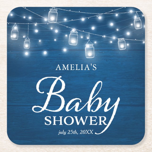 Blue Rustic Wood Mason Jars Lights Baby Shower Square Paper Coaster (Front)