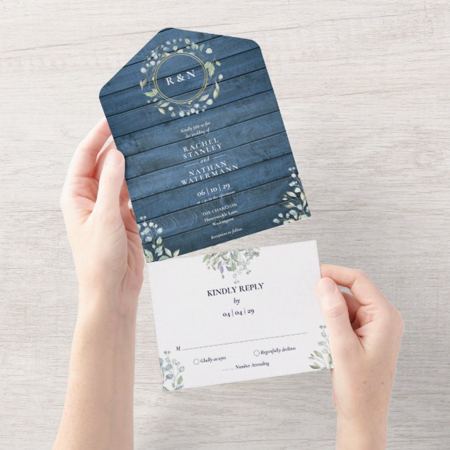 Blue Rustic Wood Monogram Greenery Floral Wedding All In One Invitation (Tearaway)