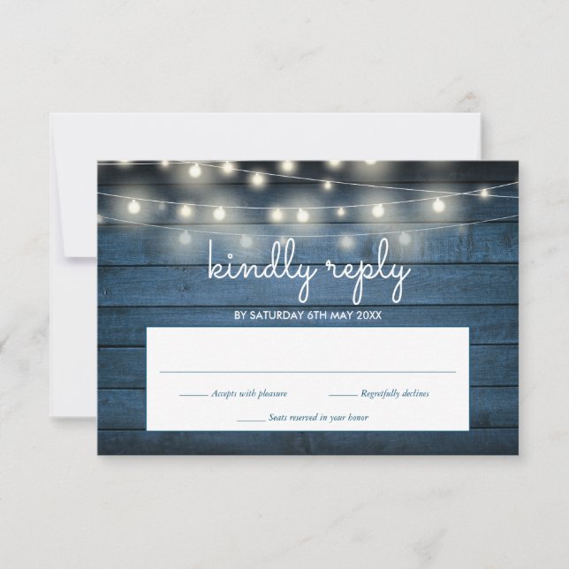 Blue Rustic Wood Panels String Lights RSVP Card (Front)