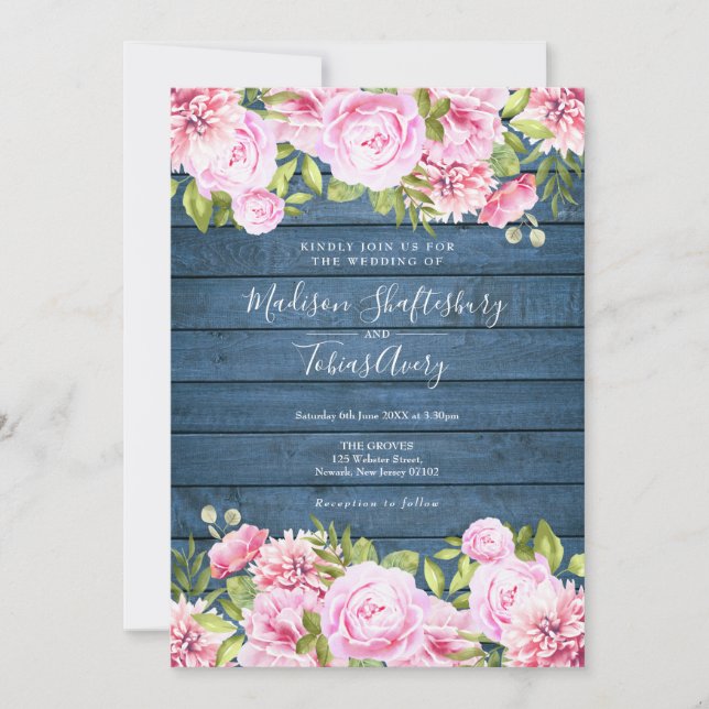 Blue Rustic Wood Pink Floral Wedding Invitation (Front)