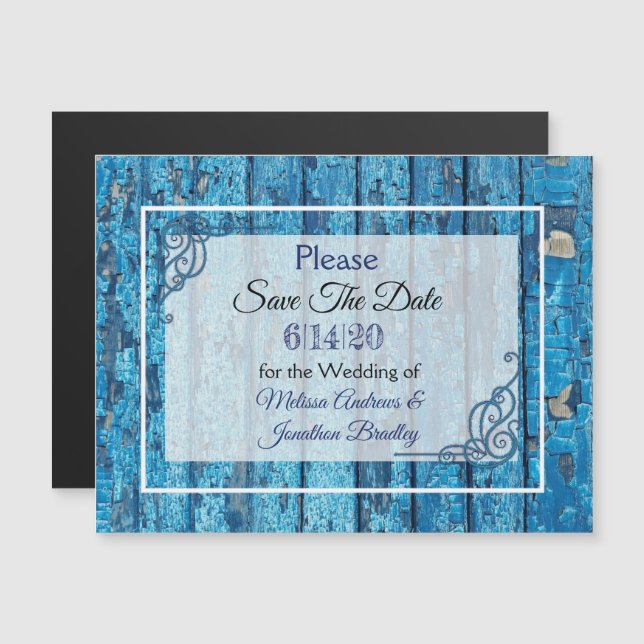 Blue Rustic Wood Save the Date Wedding Magnet (Front/Back)