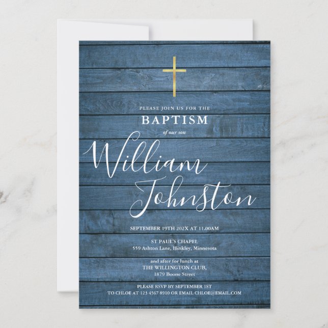 Blue Rustic Wood Script Baptism Christening Invitation (Front)