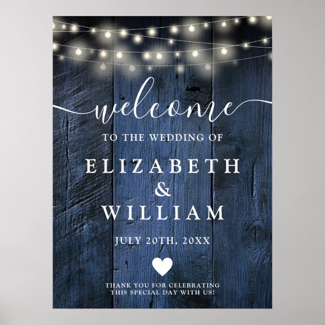 Blue Rustic Wood String Light Wedding Welcome Sign (Front)