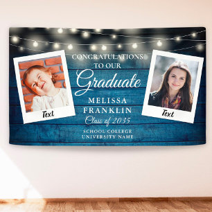 Blue Rustic Wood String Lights 2 Photo Graduation Banner