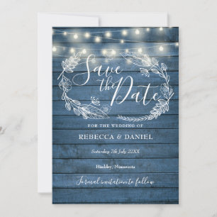 Blue Rustic Wood String Lights Country Floral Save The Date