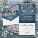 Blue Rustic Wood String Lights Floral Wedding All In One Invitation<br><div class="desc">All in one wedding invitation featuring pretty string lights,  hand-drawn floral garland and chic typography on a blue rustic wood panels background. The invitation includes a perforated RSVP card that can be individually addressed or left blank for you to handwrite your guest's address details. Designed by Thisisnotme©</div>