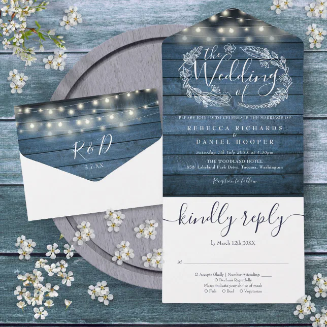 Blue Rustic Wood String Lights Floral Wedding All In One Invitation ...