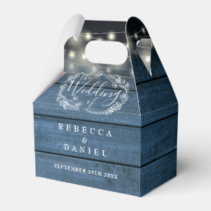 Blue Rustic Wood String Lights Floral Wedding Favour Box