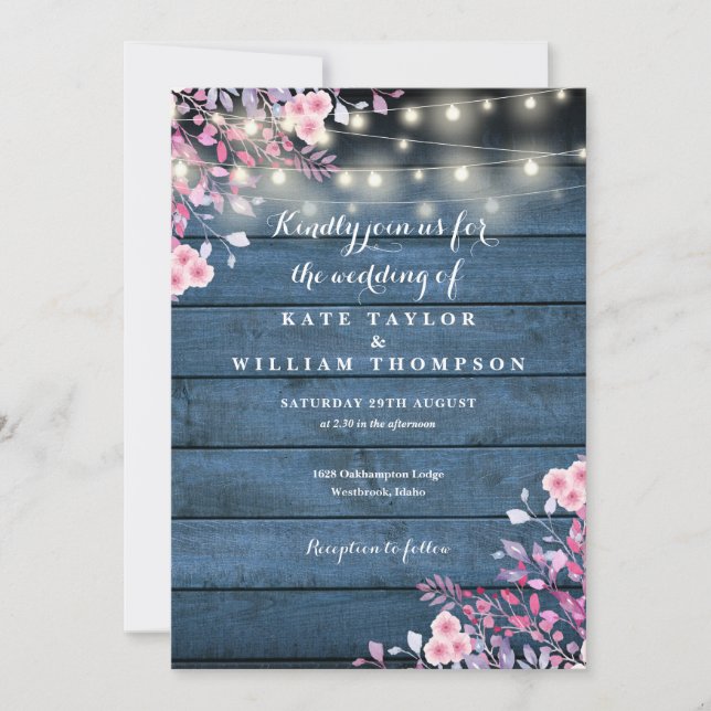 Blue Rustic Wood String Lights Floral Wedding Invitation (Front)