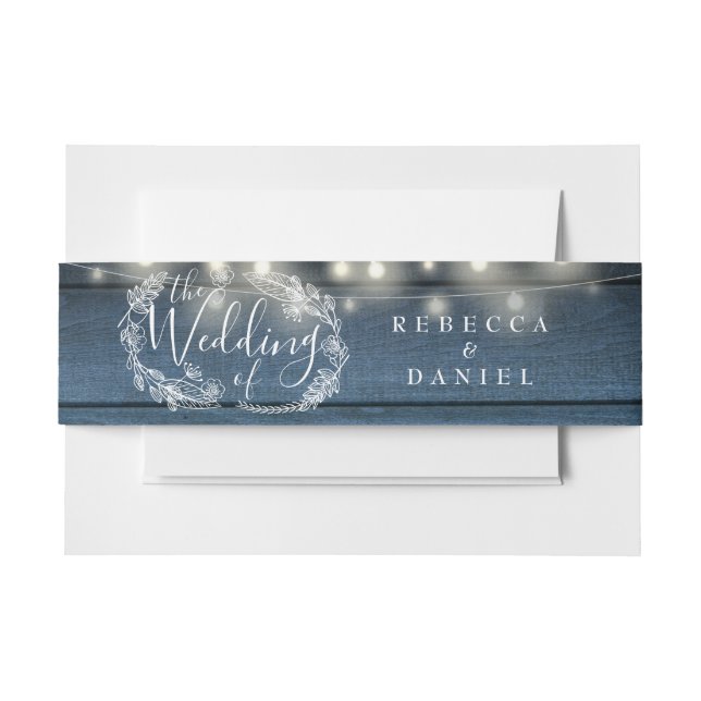 Blue Rustic Wood String Lights Floral Wedding Invitation Belly Band (Front Example)