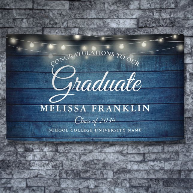 Blue Rustic Wood String Lights Graduation Banner (Blue Rustic Wood String Lights Graduation Banner)
