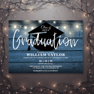 Blue Rustic Wood String Lights Graduation Party Invitation