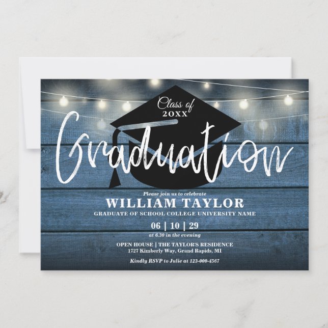 Blue Rustic Wood String Lights Graduation Party Invitation (Front)
