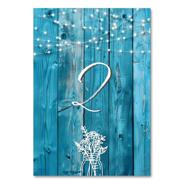 Blue Rustic Wood String Lights Mason Jar Elegant Table Number (Back)