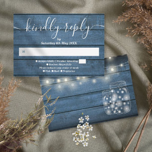 Blue Rustic Wood String Lights Mason Jars RSVP Card