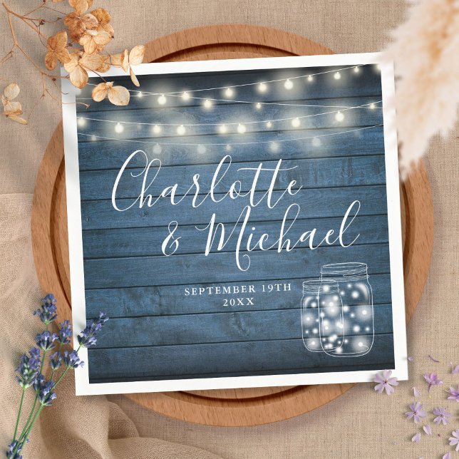 Blue Rustic Wood String Lights Mason Jars Wedding Napkin (Creator Uploaded)