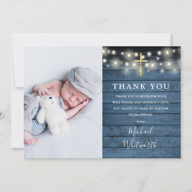 Blue Rustic Wood String Lights Photo Baptism Thank You Card (Front)