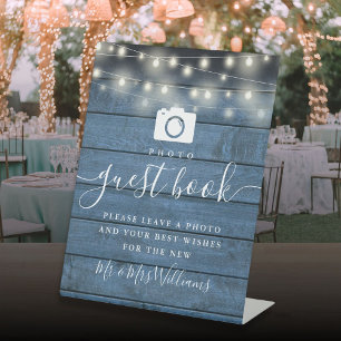 Blue Rustic Wood String Lights Photo Guest Book Pedestal Sign