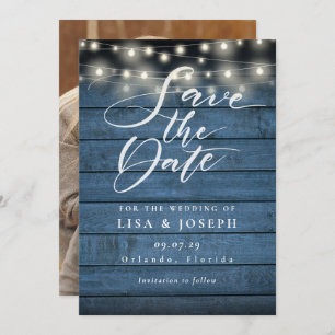 Blue Rustic Wood String Lights Photo Wedding Save The Date