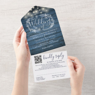 Blue Rustic Wood String Lights QR Code Wedding All In One Invitation