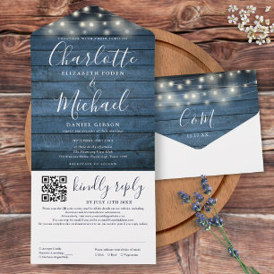 Blue Rustic Wood String Lights QR Code Wedding All In One Invitation