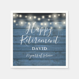 Blue Rustic Wood String Lights Retirement Party Napkin