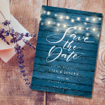 Blue Rustic Wood String Lights Save the Date Postcard<br><div class="desc">This rustic save the date card features pretty string lights and an elegant script save the date above your details set in elegant typography on a rustic blue wood panels background. The reverse has additional save the date details, including your wedding website, with your return address and space for your...</div>