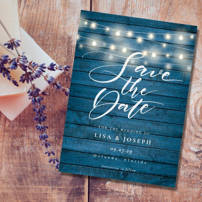 Blue Rustic Wood String Lights Save the Date Postcard (Creator Uploaded)