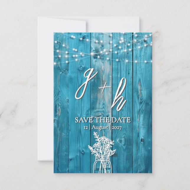 Blue Rustic Wood String Lights Save the Dates Save The Date (Front)