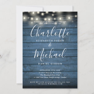 Blue Rustic Wood  String Lights Script Engagement  Invitation