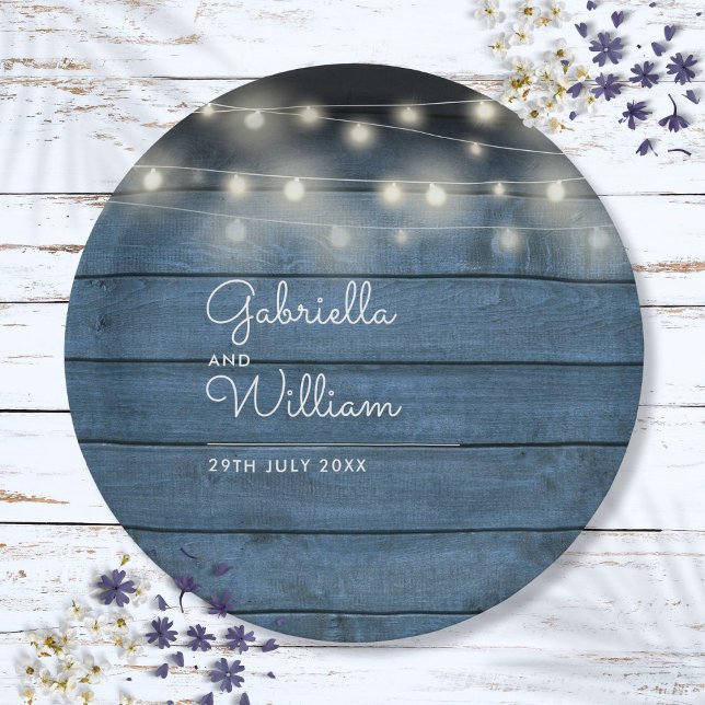 Blue Rustic Wood String Lights Script Wedding Paper Plate (Blue Rustic Wood String Lights Script Wedding Paper Plates)