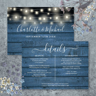 Blue Rustic Wood String Lights Wedding Details Invitation