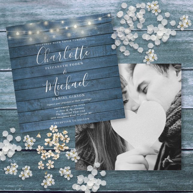 Blue Rustic Wood String Lights Wedding Photo Invitation (Blue Rustic Wood String Lights Wedding Photo Invitation)